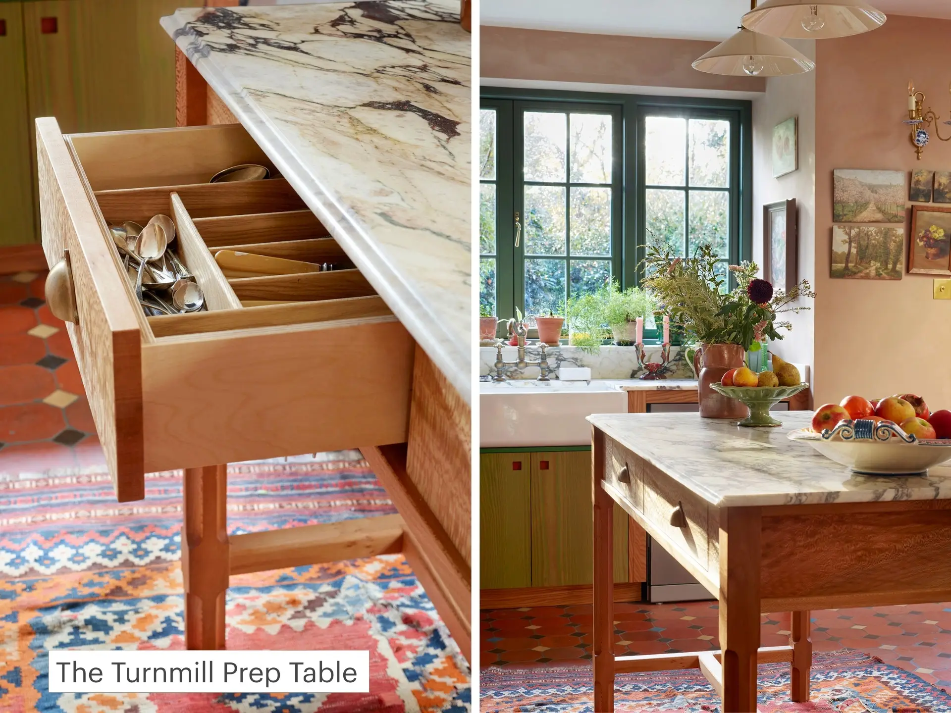 Pluck kitchen with a prep table, colourful cabinets with marble worktops.