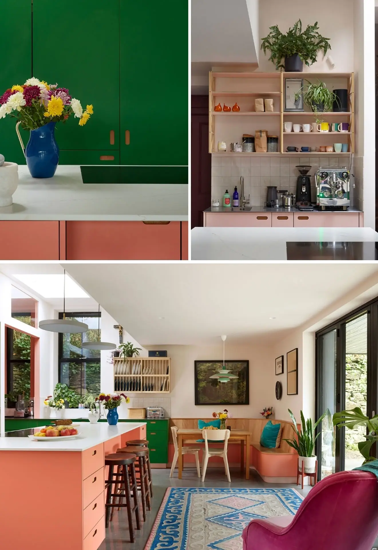 Pluck-Kitchens-Journal-Ideal-Home-Magazine-Mobile-1 Pink and green Pluck kitchen with a large kitchen island and banquette seating.