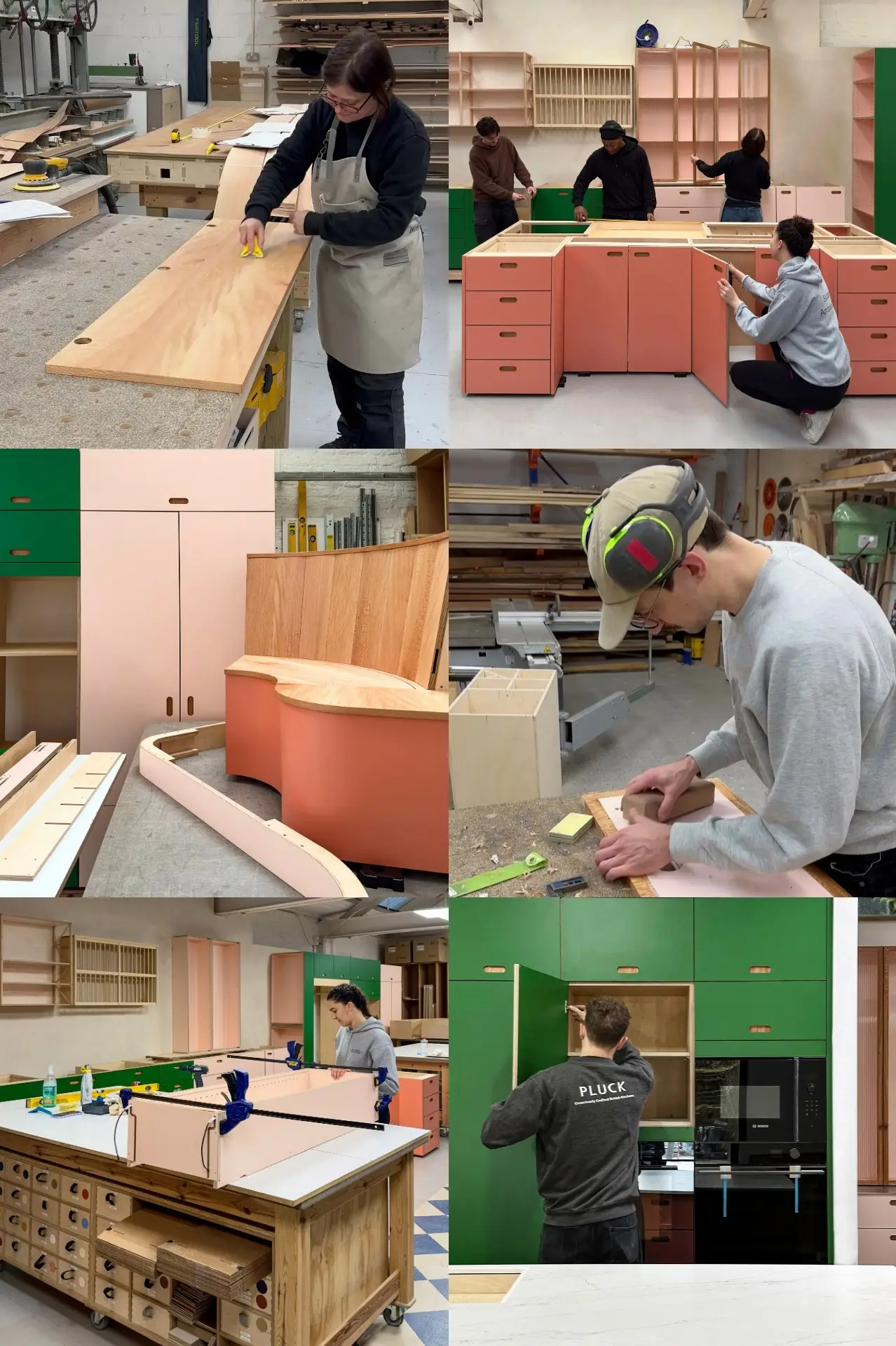 Pluck-Kitchens-Journal-Story-of-a-Kitchen-02 Montage of photos depicting a busy wood workshop brimming with carpenters making a kitchen.