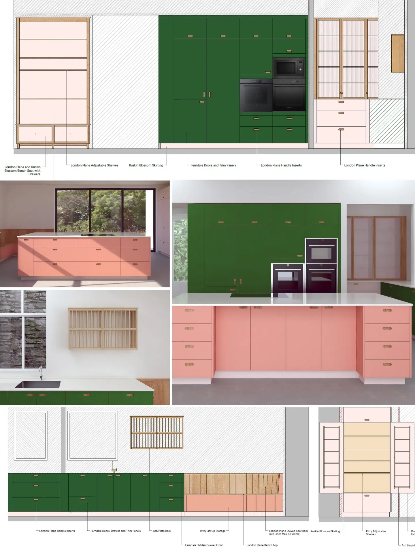 Pluck-Kitchens-Journal-Story-of-a-Kitchen-05 Computer visuals of a colourful kitchen with 3D renders and detailed line drawings.