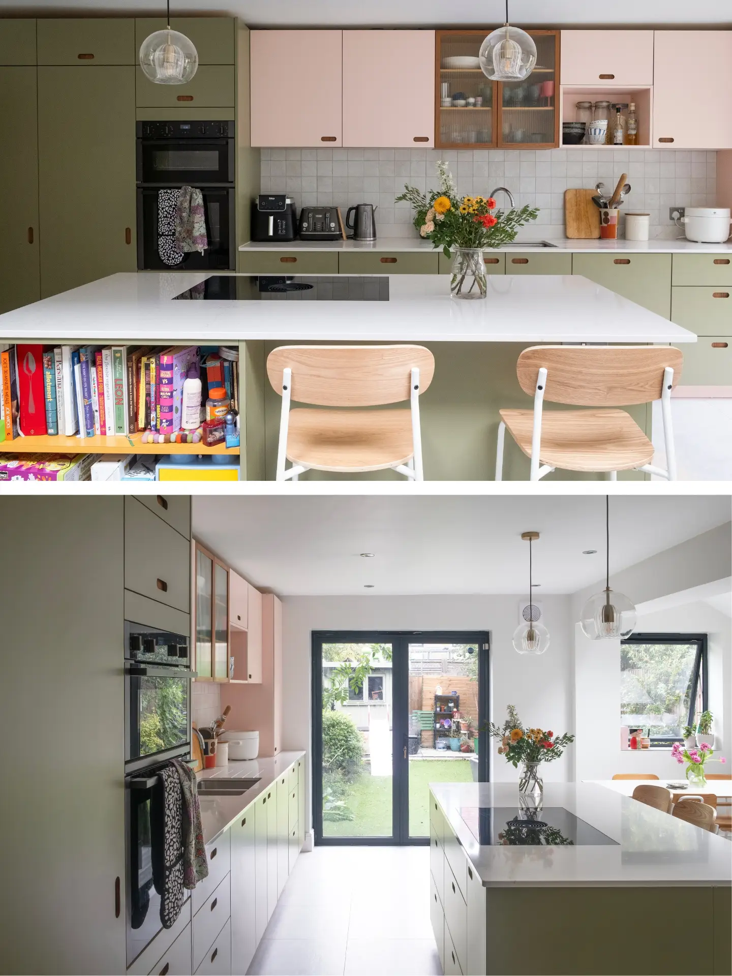 Pluck's pink, green and mustard yellow cupboards in an open plan kitchen with an island.