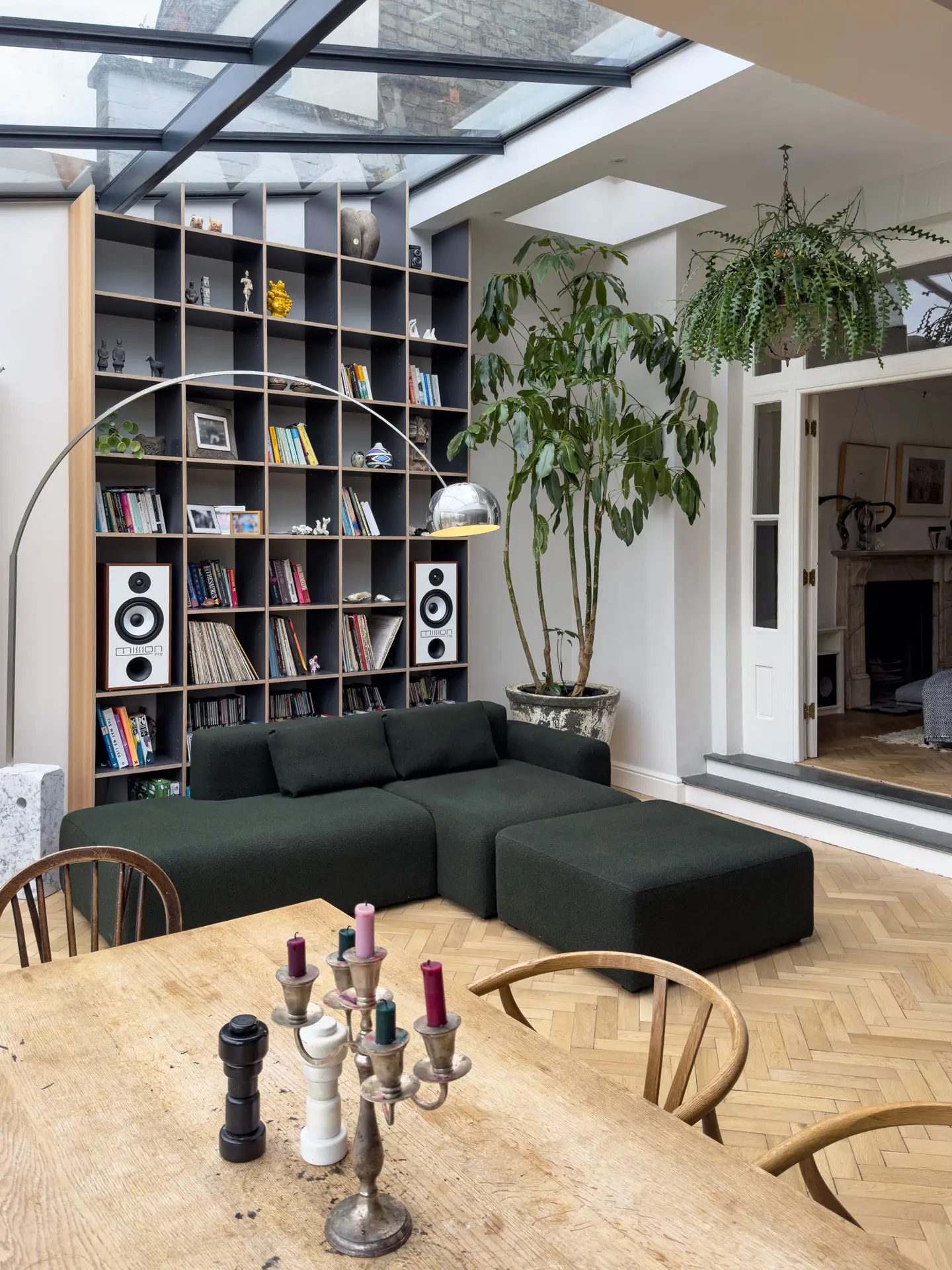 Coldharbour Grey, London Plane wood and Brockwell Moss cabinetry in a Pluck kitchen in Crouch End.