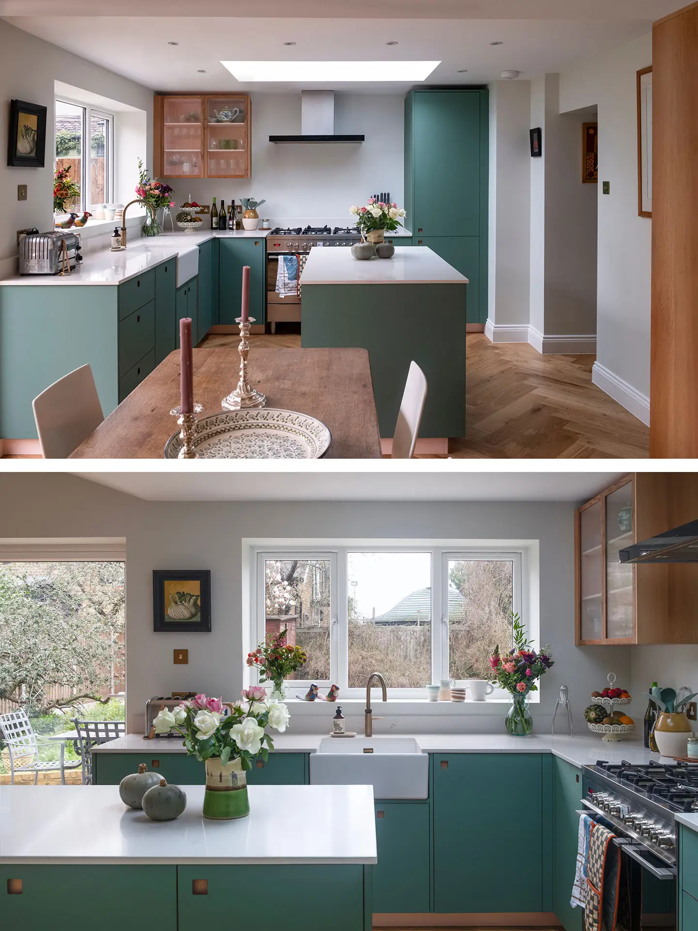 A kitchen in Greenwich, London, with Blue Green cabinetry by Pluck, white worktops, parquet flooring and art from around the world.