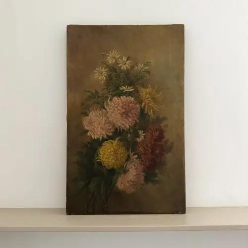 A very beautiful moody oil on canvas, a bunch of dahlias and daisies with a brooding background