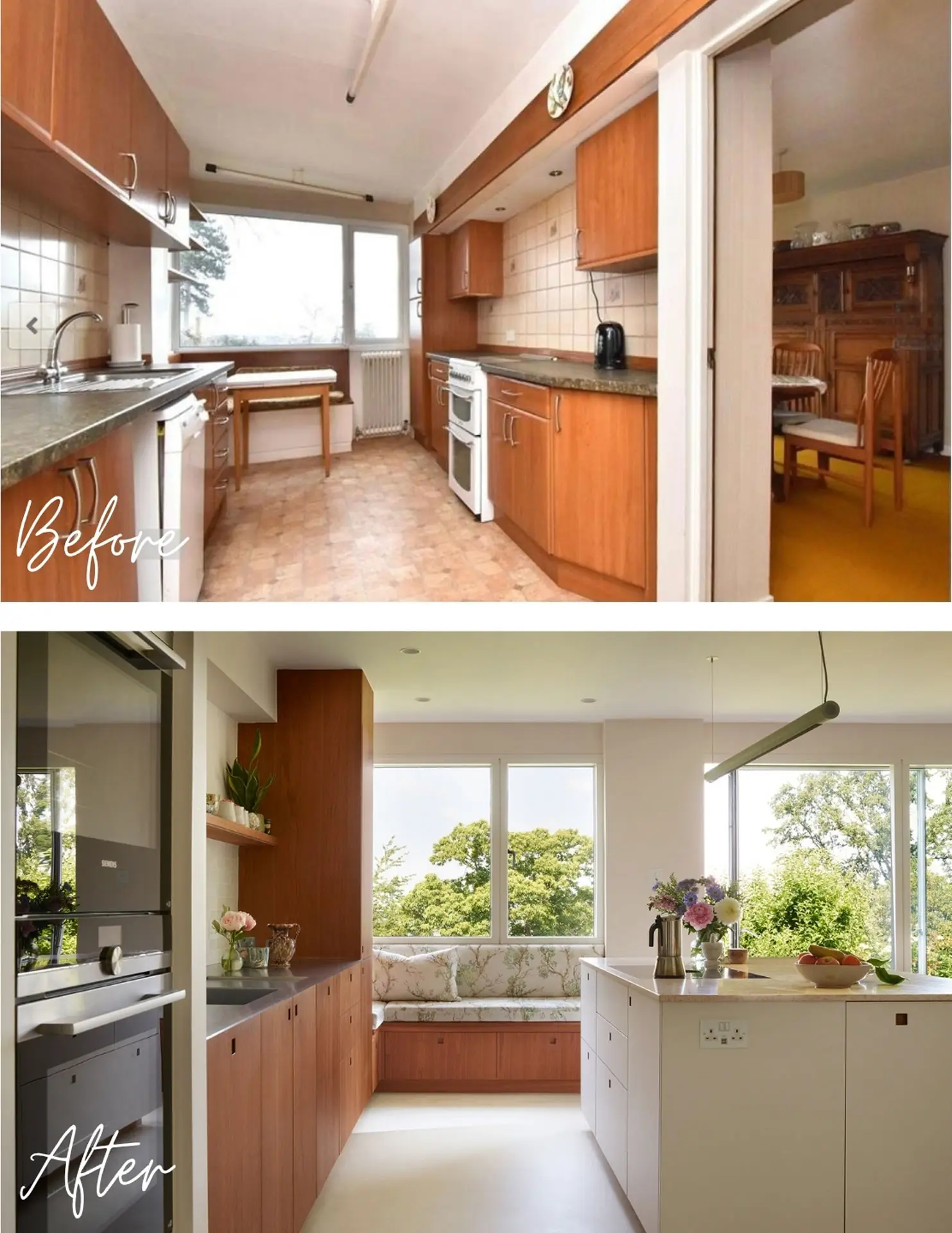 Pluck-Journal-Latest-News-House-Beautiful-01 A Cherry wood and white Pluck kitchen in House Beautiful magazine, with an island, cork, wooden flooring and dining area.