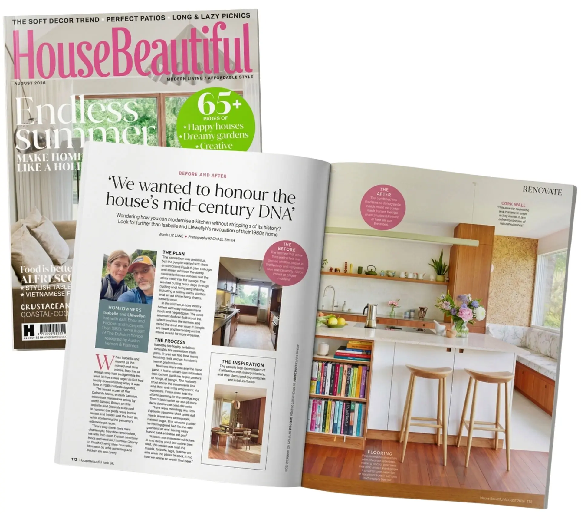 A Cherry wood and white Pluck kitchen in House Beautiful magazine, with an island, cork, wooden flooring and dining area.