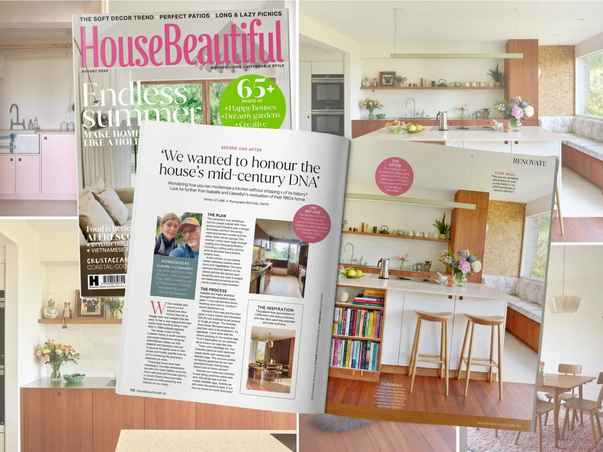 A Cherry wood and white Pluck kitchen in House Beautiful magazine, with an island, cork, wooden flooring and dining area.