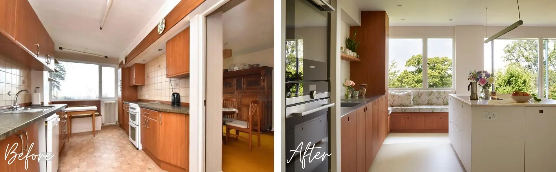 A Cherry wood and white Pluck kitchen in House Beautiful magazine, with an island, cork, wooden flooring and dining area.