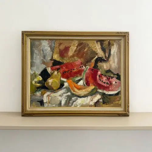 A fruity feel colourful still life painting with melons in a wooden frame with linen detail.