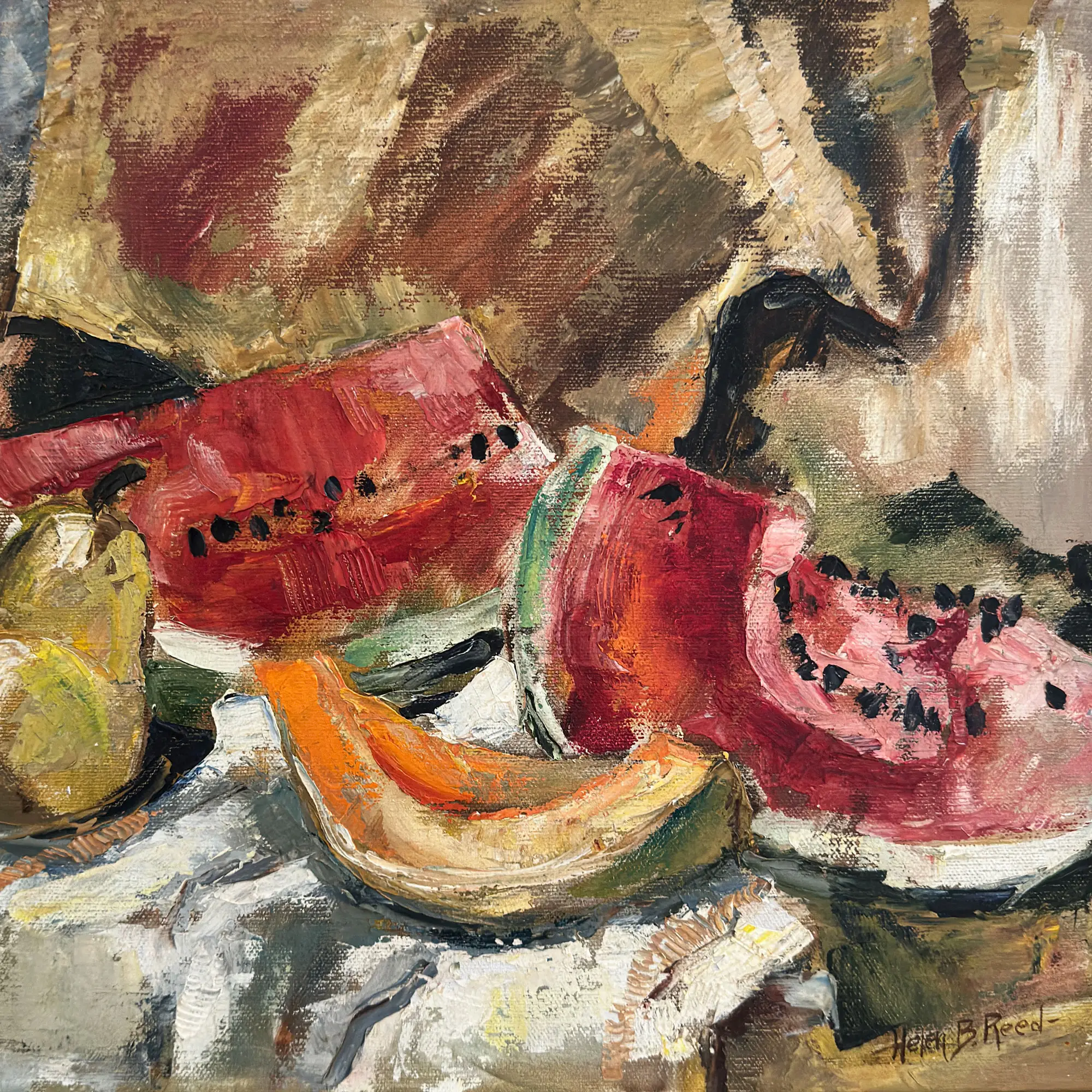 A fruity feel colourful still life painting with melons in a wooden frame with linen detail.
