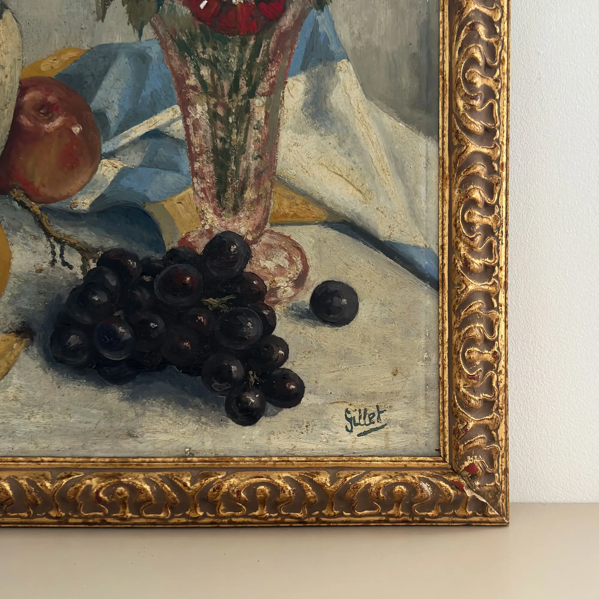 Large French still life painting with fruit, flowers, a decanter and plate, framed in gold