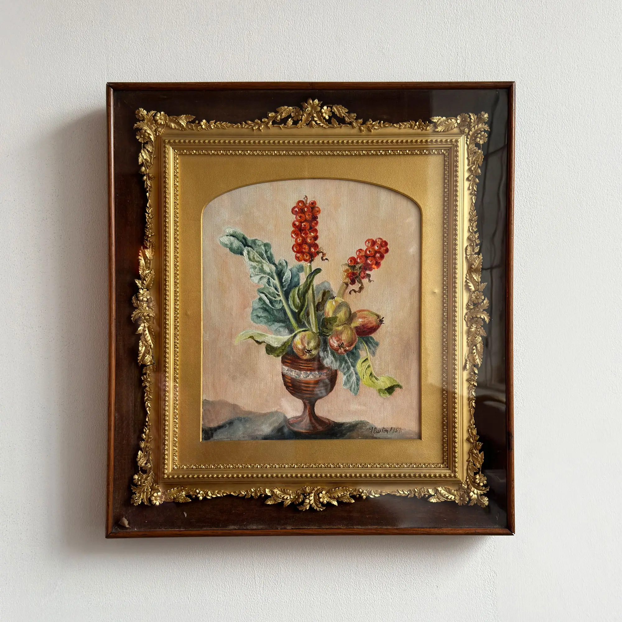 Lords-and-Ladies painting with vibrant red berries, green foliage and apples