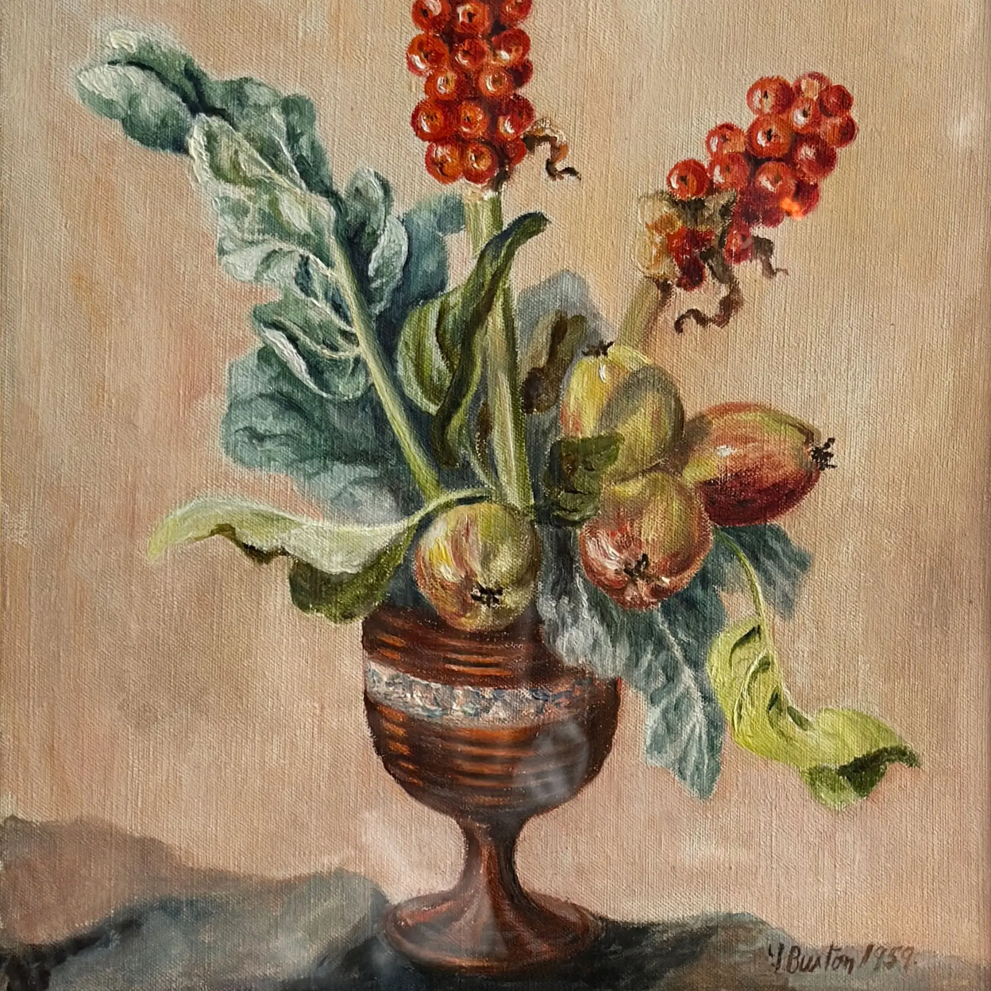 Lords-and-Ladies painting with vibrant red berries, green foliage and apples