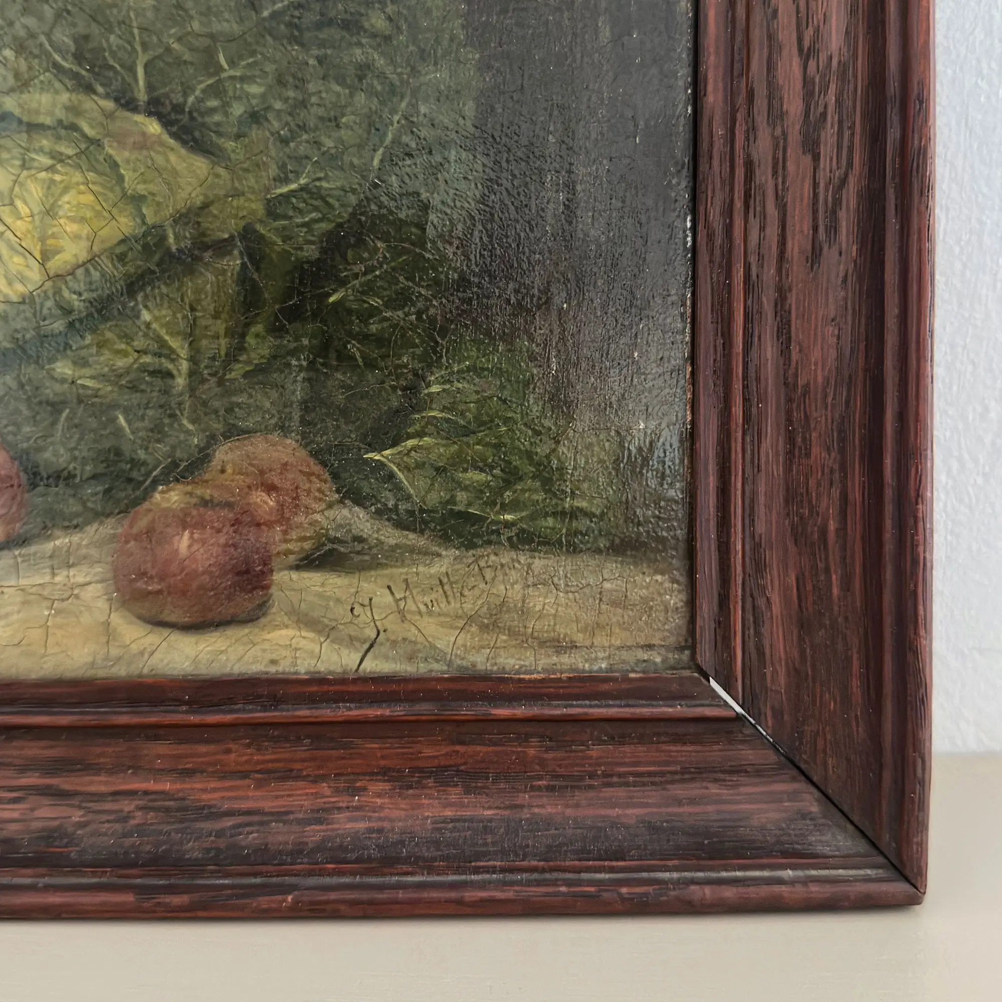 Small 19th Century table top scene painting in a dark wooden frame.