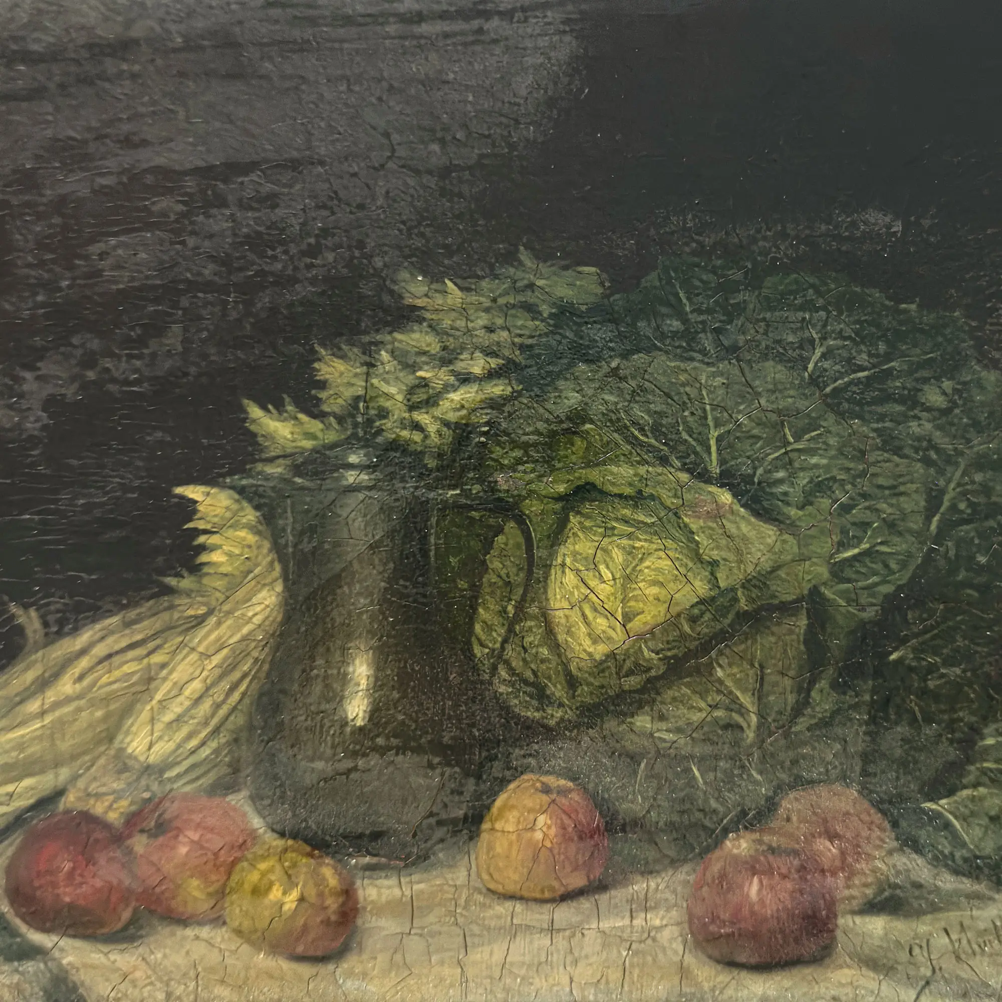 Small 19th Century table top scene painting in a dark wooden frame.