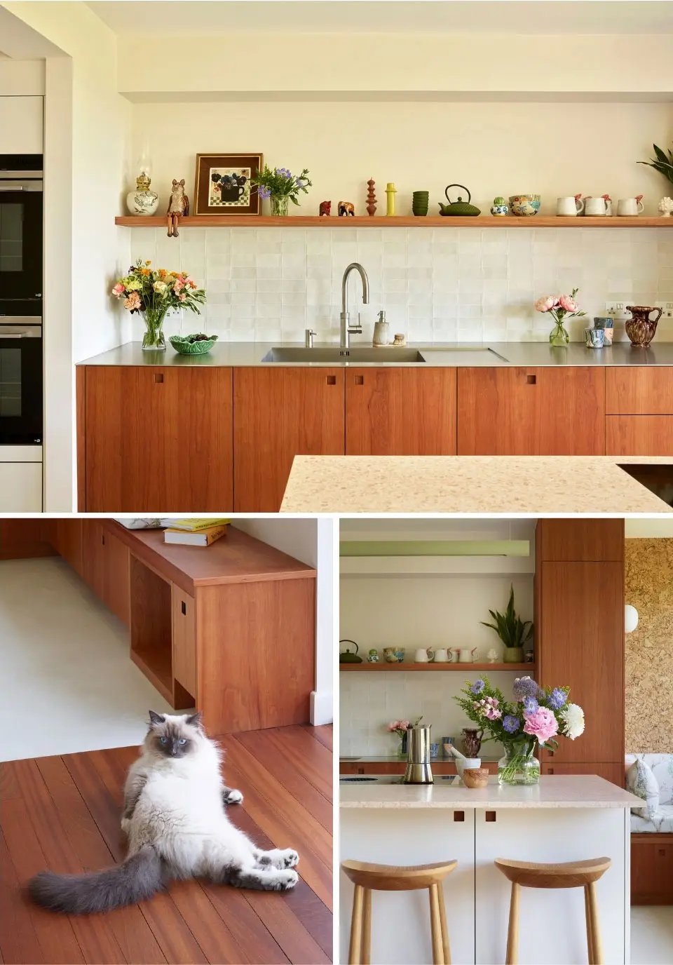 Pluck-Journal-Latest-News-House-Beautiful-07 A Cherry wood and white Pluck kitchen in House Beautiful magazine, with an island, cork, wooden flooring and dining area.