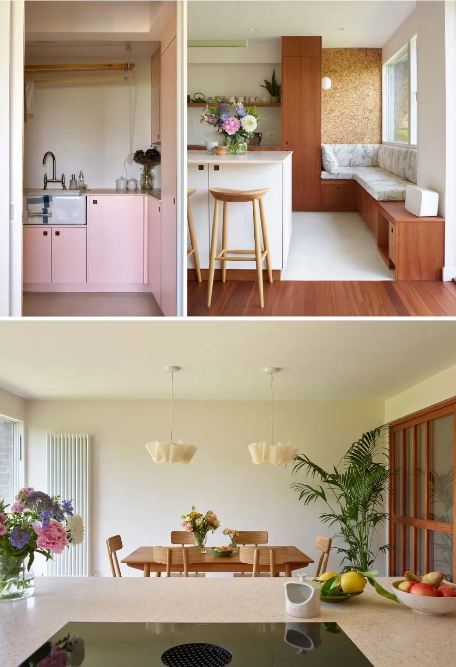 Pluck-Journal-Latest-News-House-Beautiful-08 A Cherry wood and white Pluck kitchen in House Beautiful magazine, with an island, cork, wooden flooring and dining area.