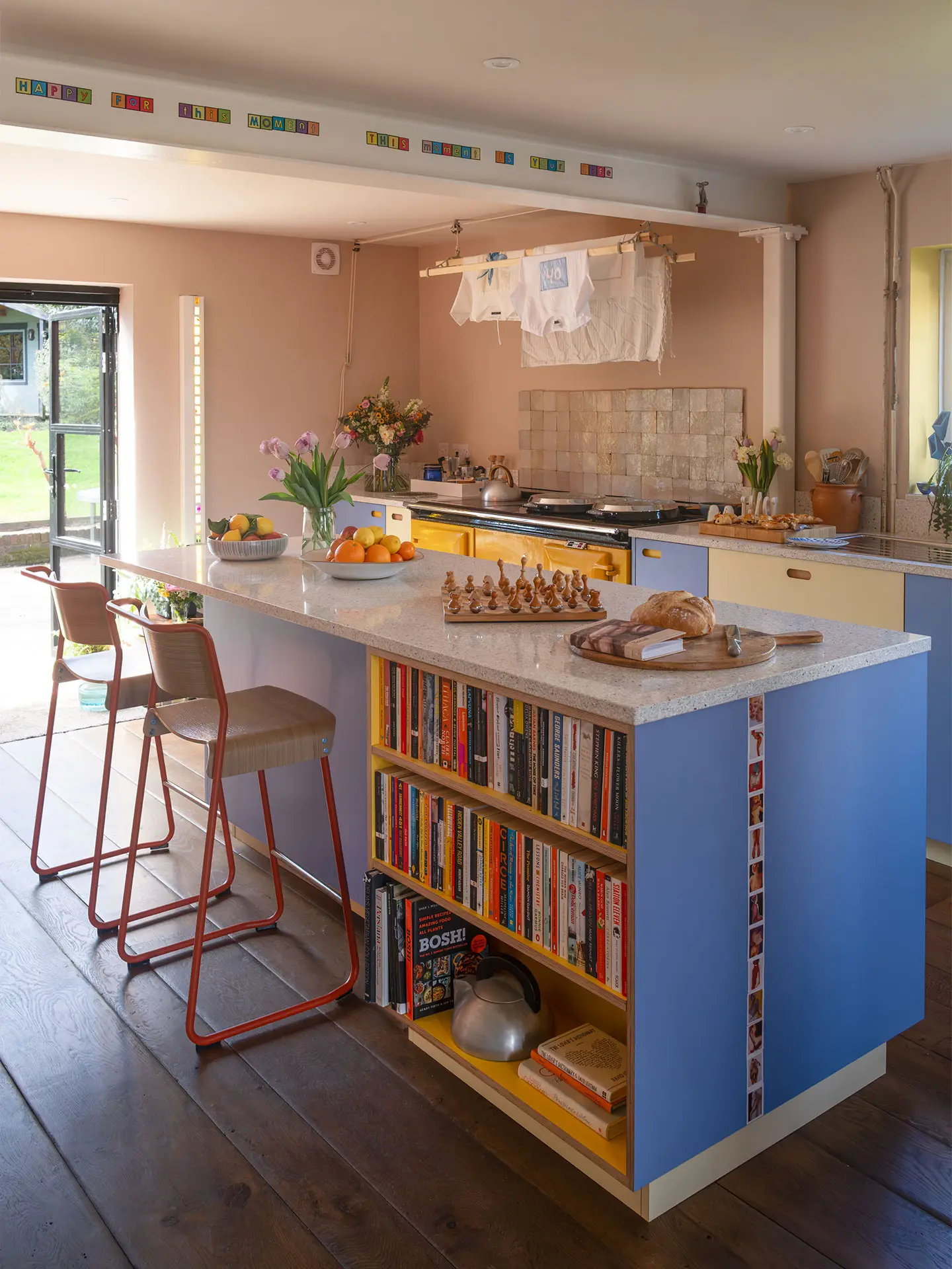 A kitchen in Haywards Heath packed with colour, including Milton Blue and two Pluck yellow hues.