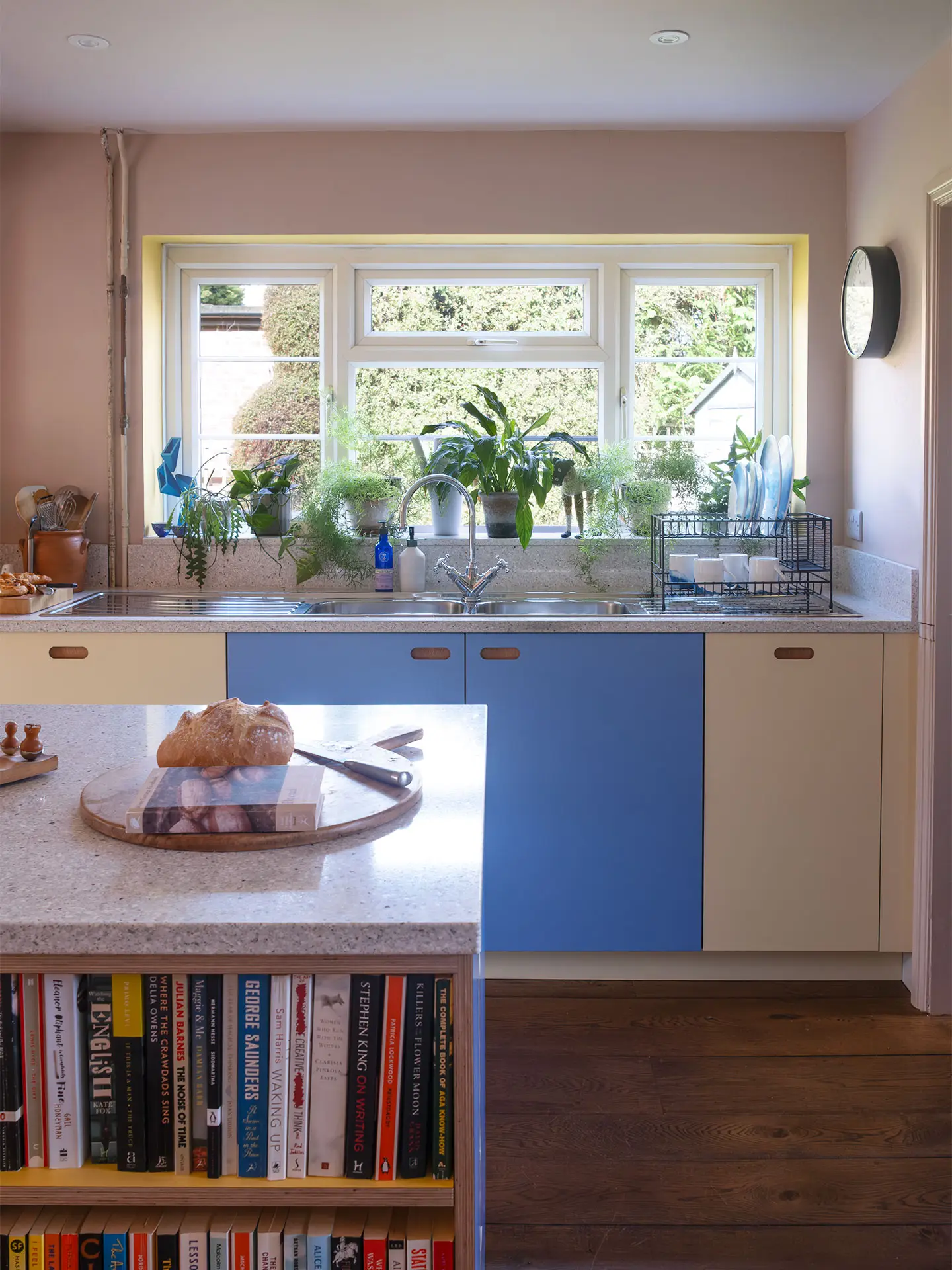 A kitchen in Haywards Heath packed with colour, including Milton Blue and two Pluck yellow hues.