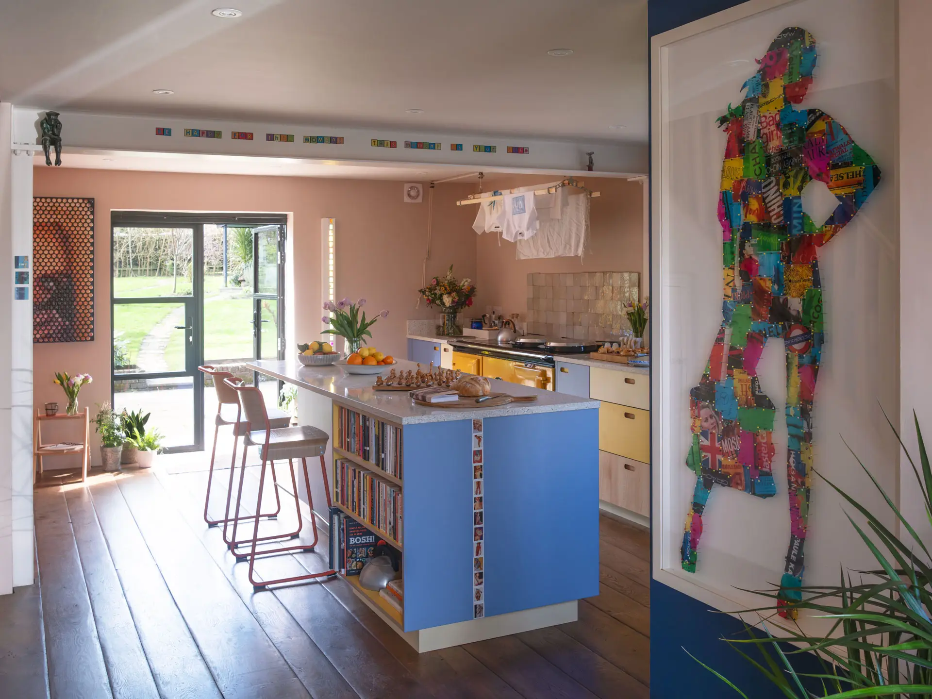 A kitchen in Haywards Heath packed with colour, including Milton Blue and two Pluck yellow hues.