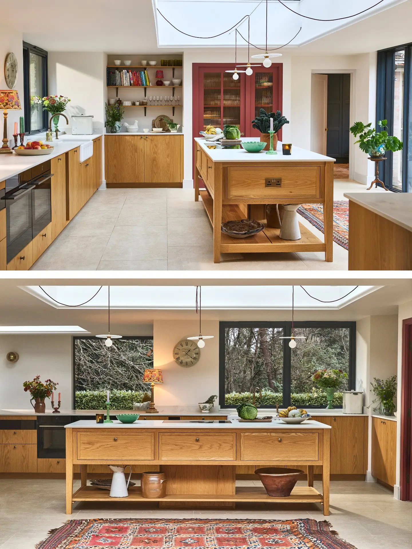 A family home in Surrey with oak wood Pluck cabinetry including a cook's table and a custom pantry cupboard.